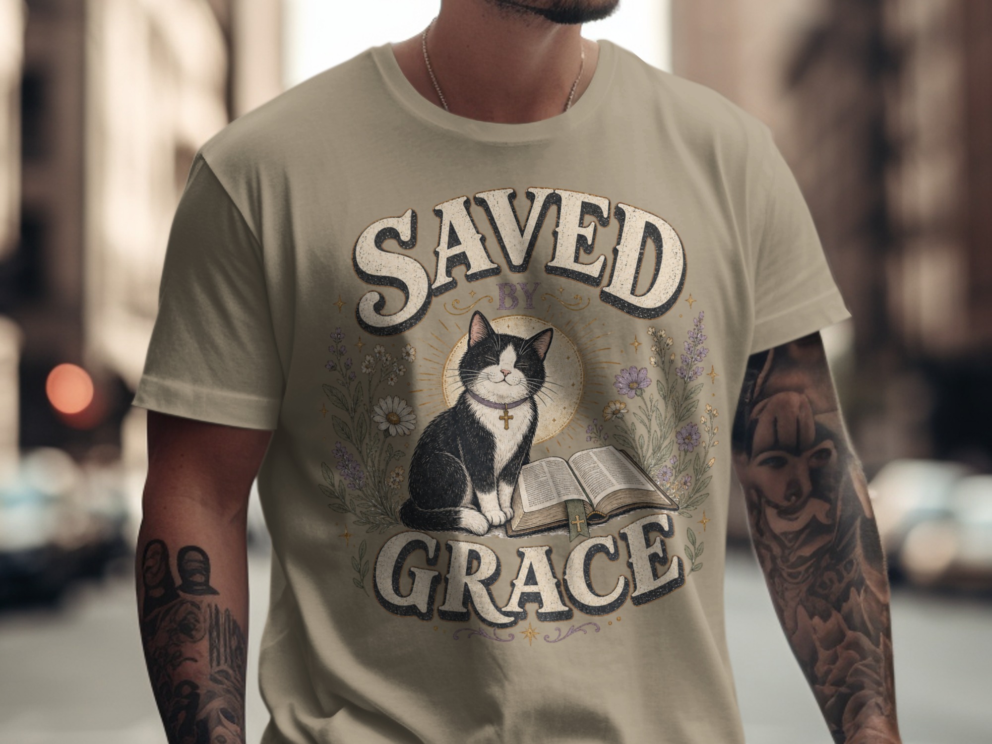 Saved By Grace Christian Cat T-Shirt, Faith Based Tuxedo Kitty and Bible Verse Tee, Cute Religious Floral Women's Gift Shirt - Image 11