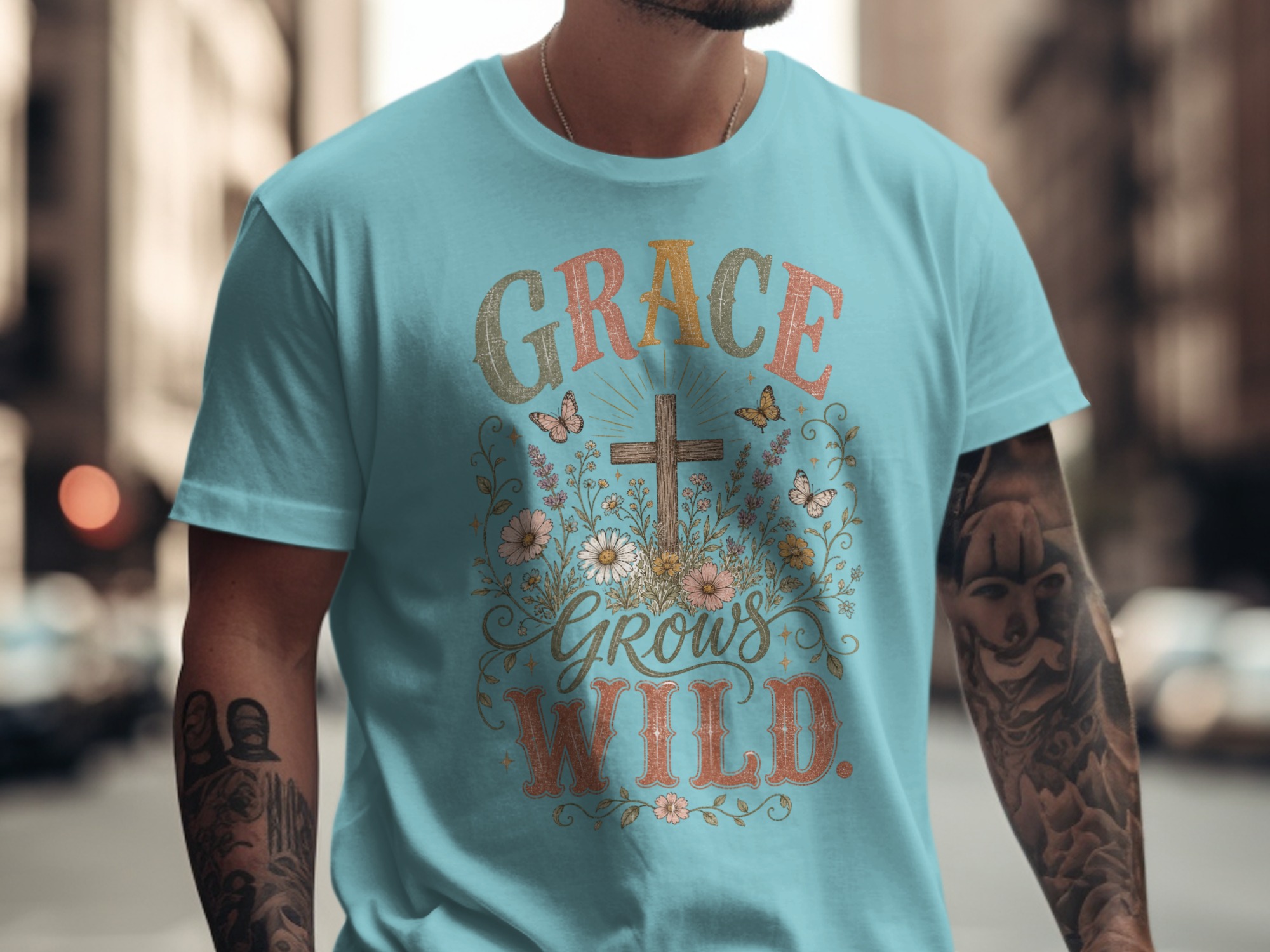 Grace Grows Wild T-Shirt, Christian Faith Tee with Wildflowers & Cross, Boho Inspirational Distressed Religious Shirt, Nature Lover Gift for - Image 10