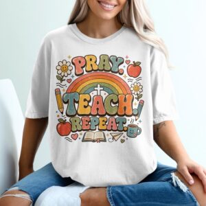 Pray Teach Repeat Teacher T-Shirt, Christian Educator Gift, Retro Groovy Faith School Tee, Boho Rainbow Teacher Apparel for Women