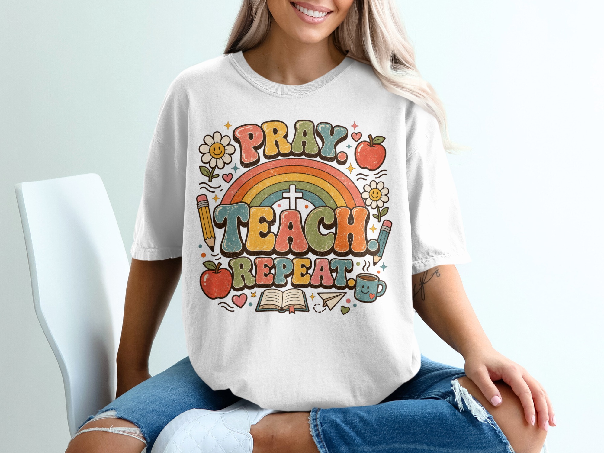 Pray Teach Repeat Teacher T-Shirt, Christian Educator Gift, Retro Groovy Faith School Tee, Boho Rainbow Teacher Apparel for Women
